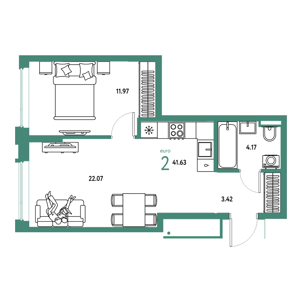 Планировка: Евродвушка 41,63 м²