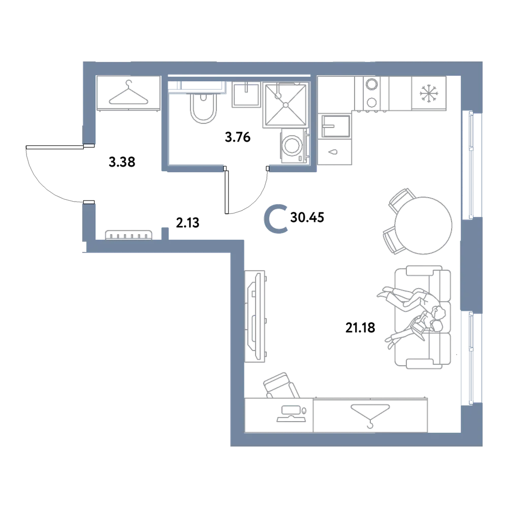 Планировка: Студия 30,45 м²