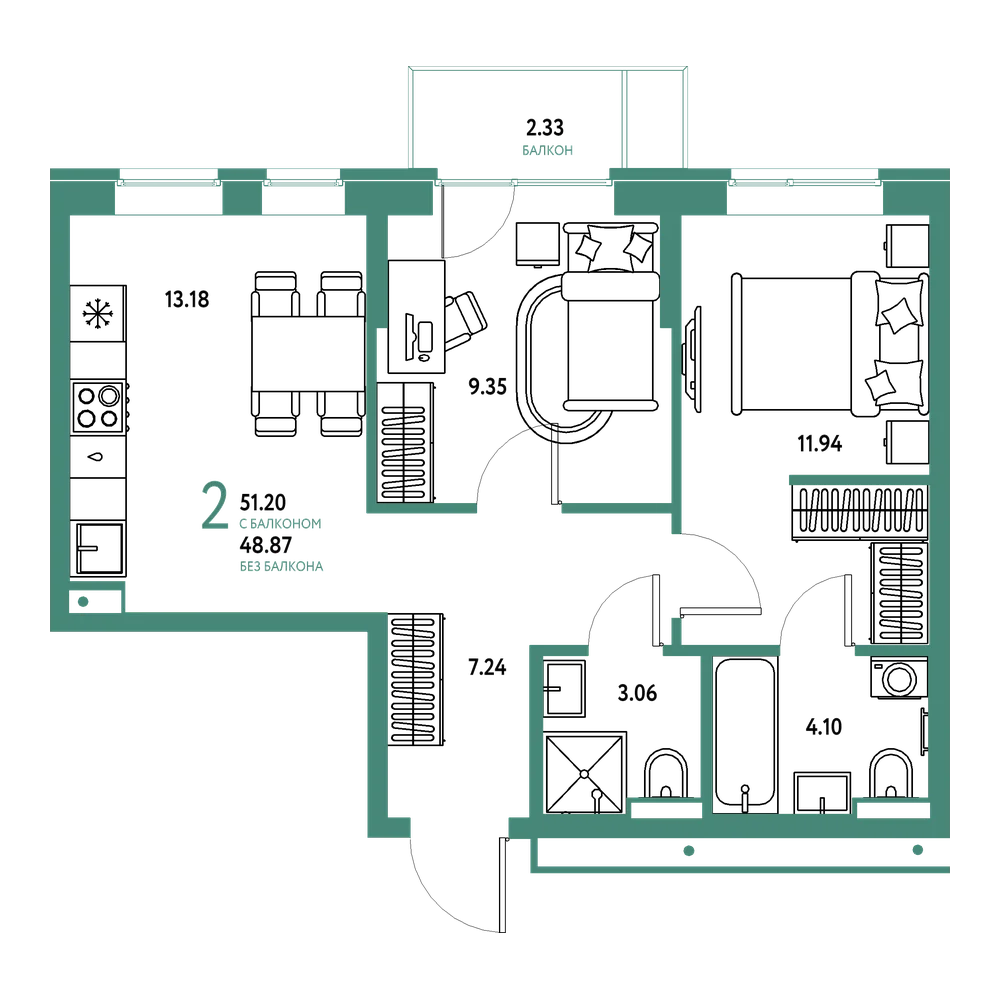 Планировка: Евродвушка 51,2 м²