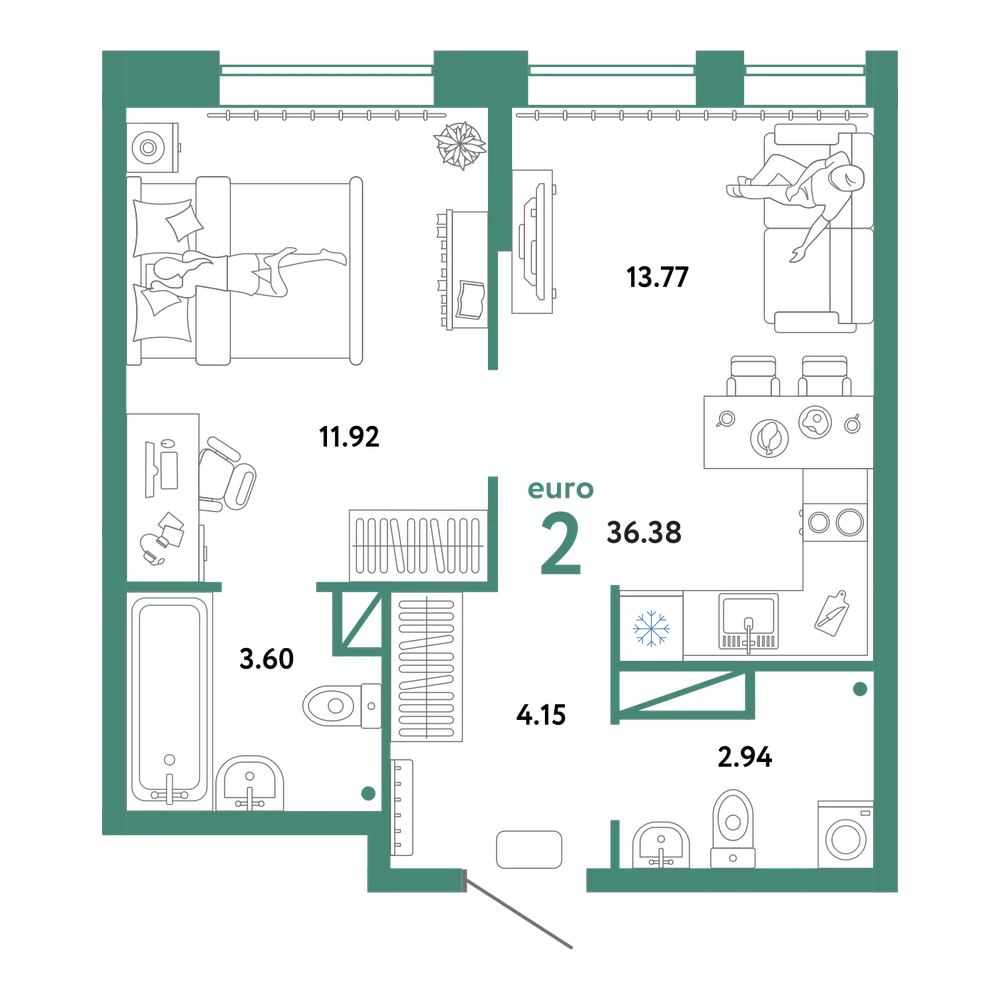 Планировка: Евродвушка 36,38 м²