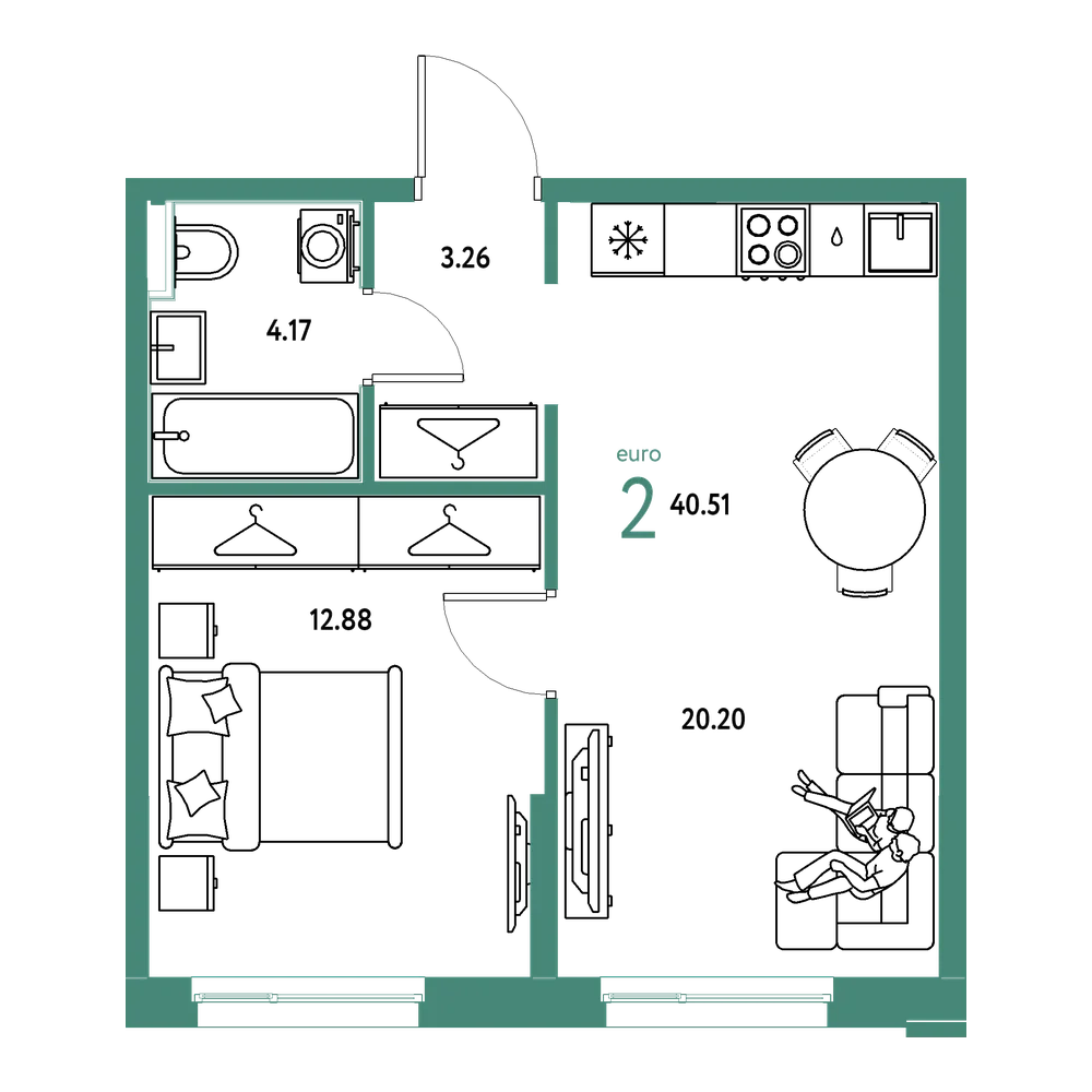Планировка: Евродвушка 40,51 м²