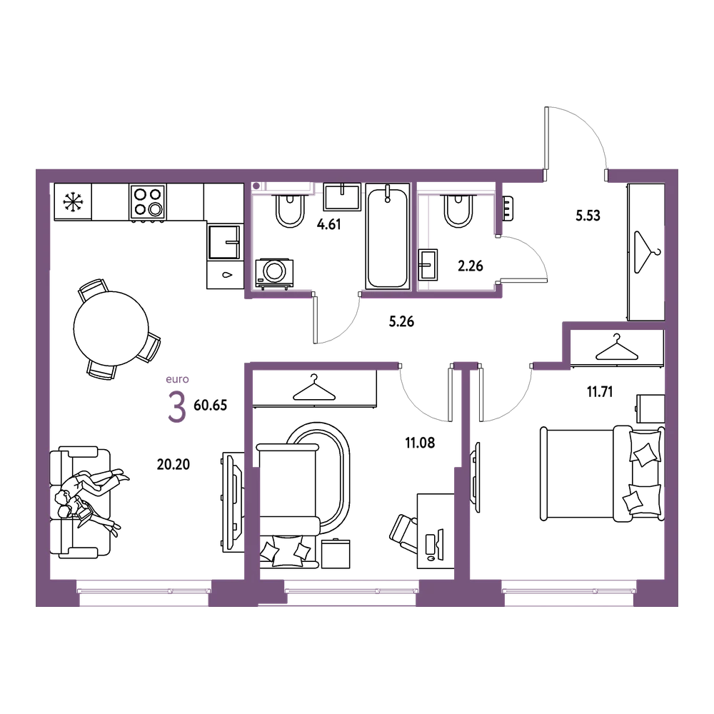 Планировка: Евротрёшка 60,65 м²