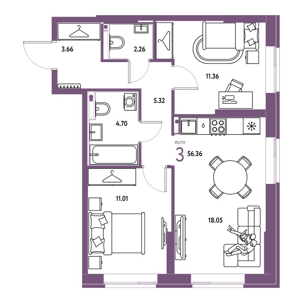 Планировка: Евротрёшка 56,36 м²