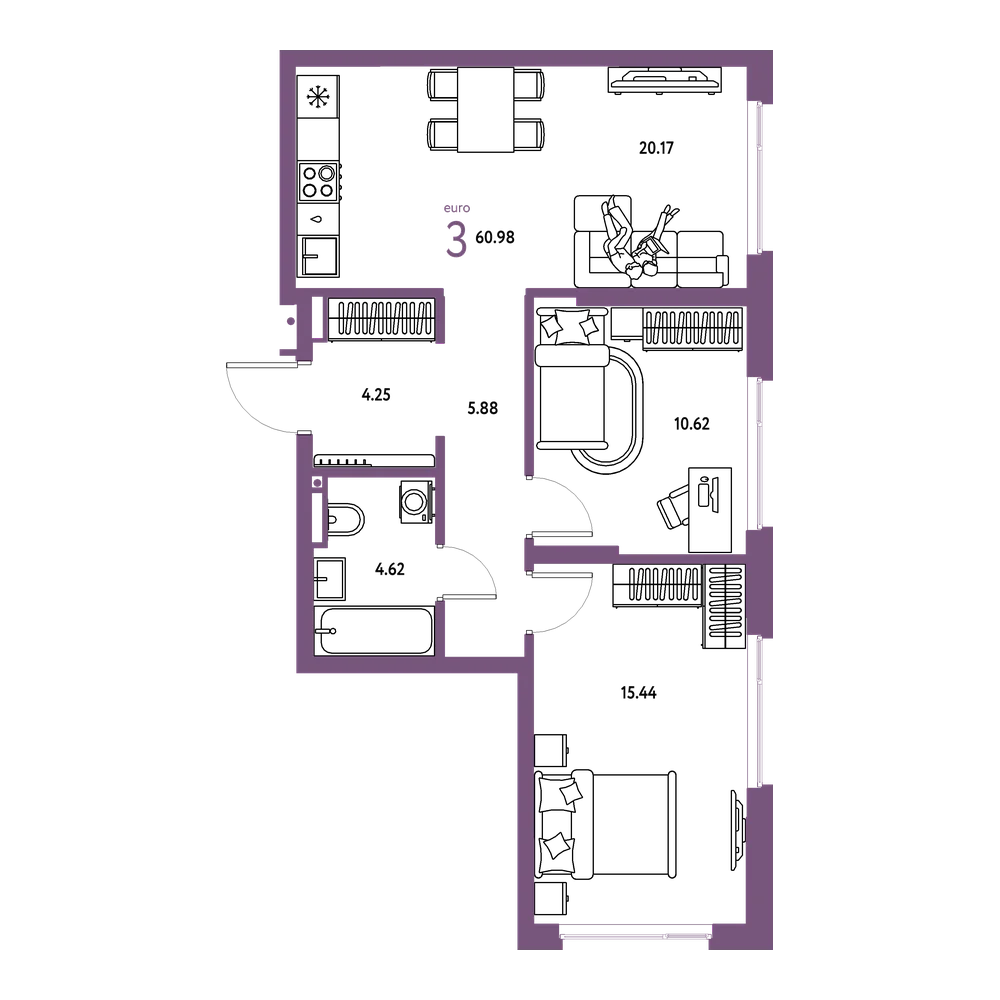 Планировка: Евротрёшка 60,98 м²
