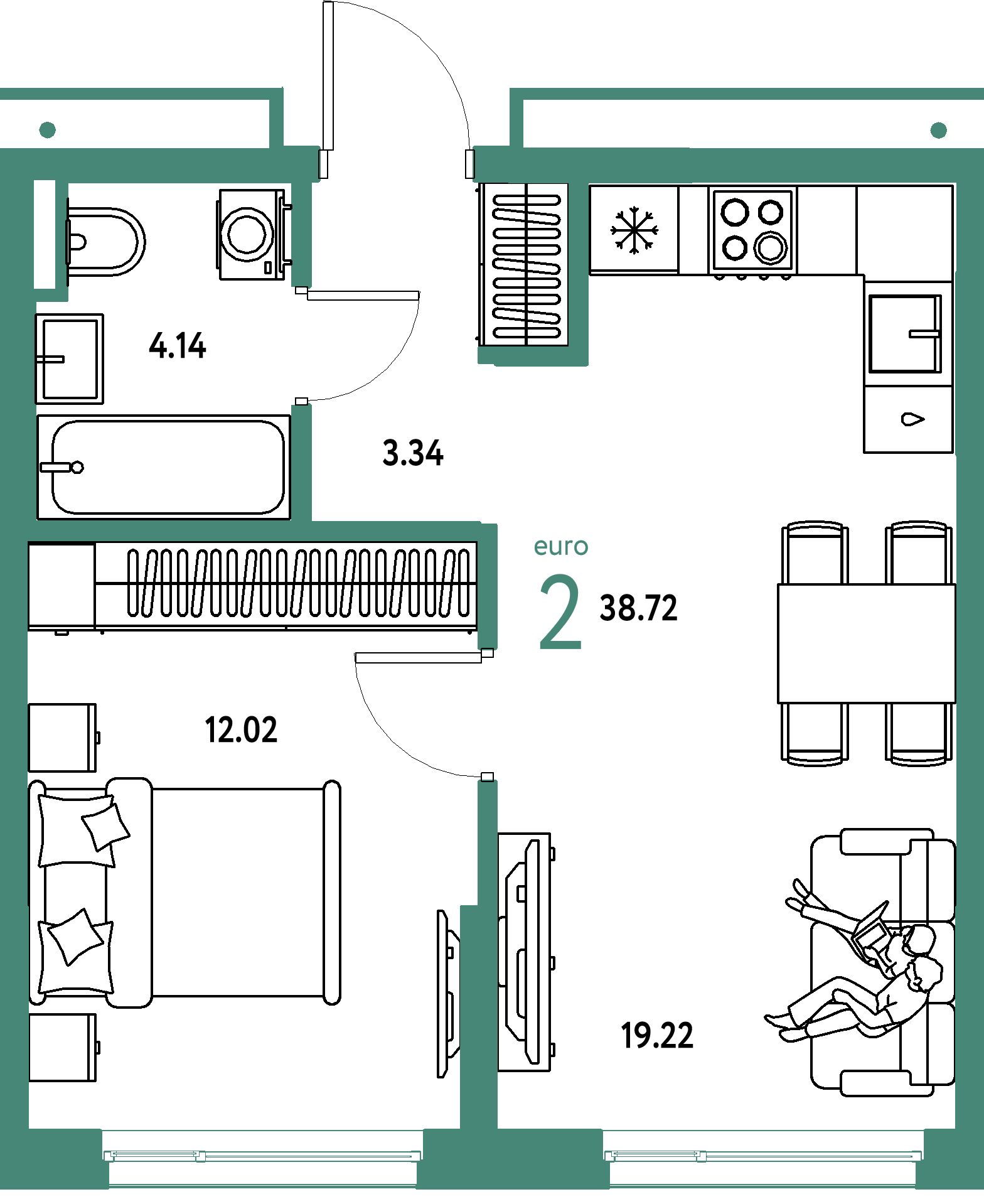 Планировка: Евродвушка 38,72 м² в ЖК «Страна.Прибрежная»