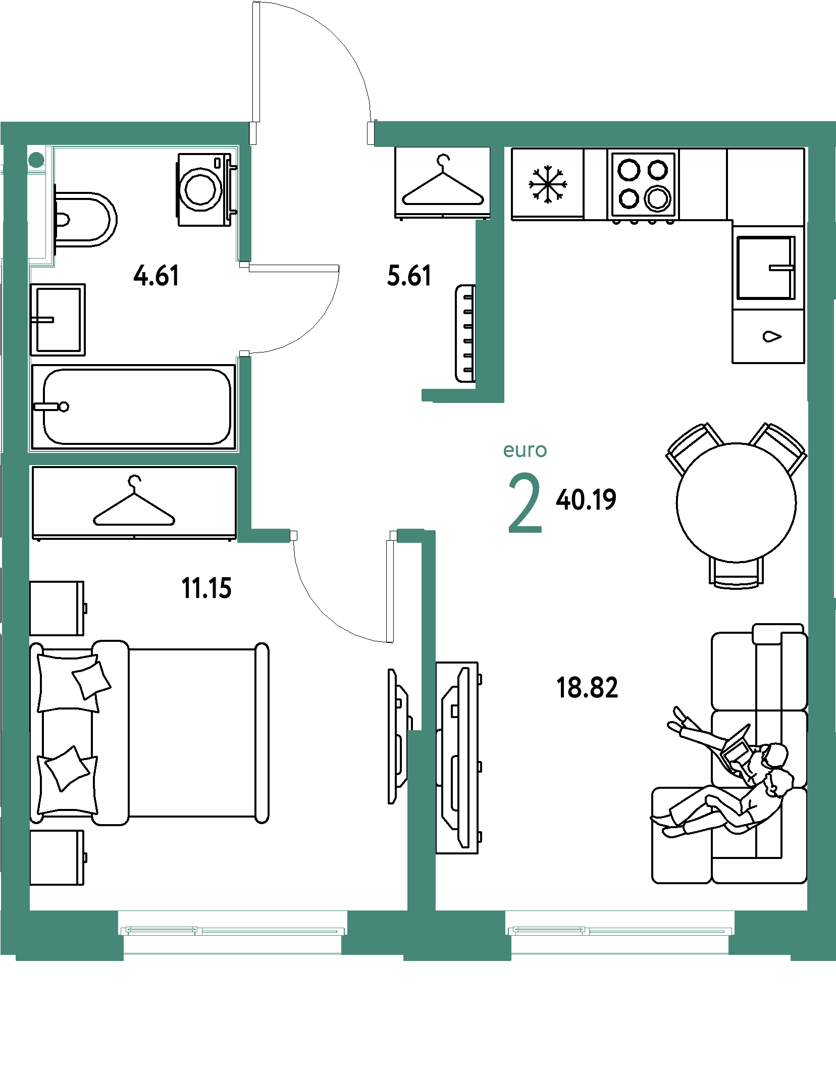 Планировка: Евродвушка 40,19 м² в ЖК «Европейский берег 2.0»