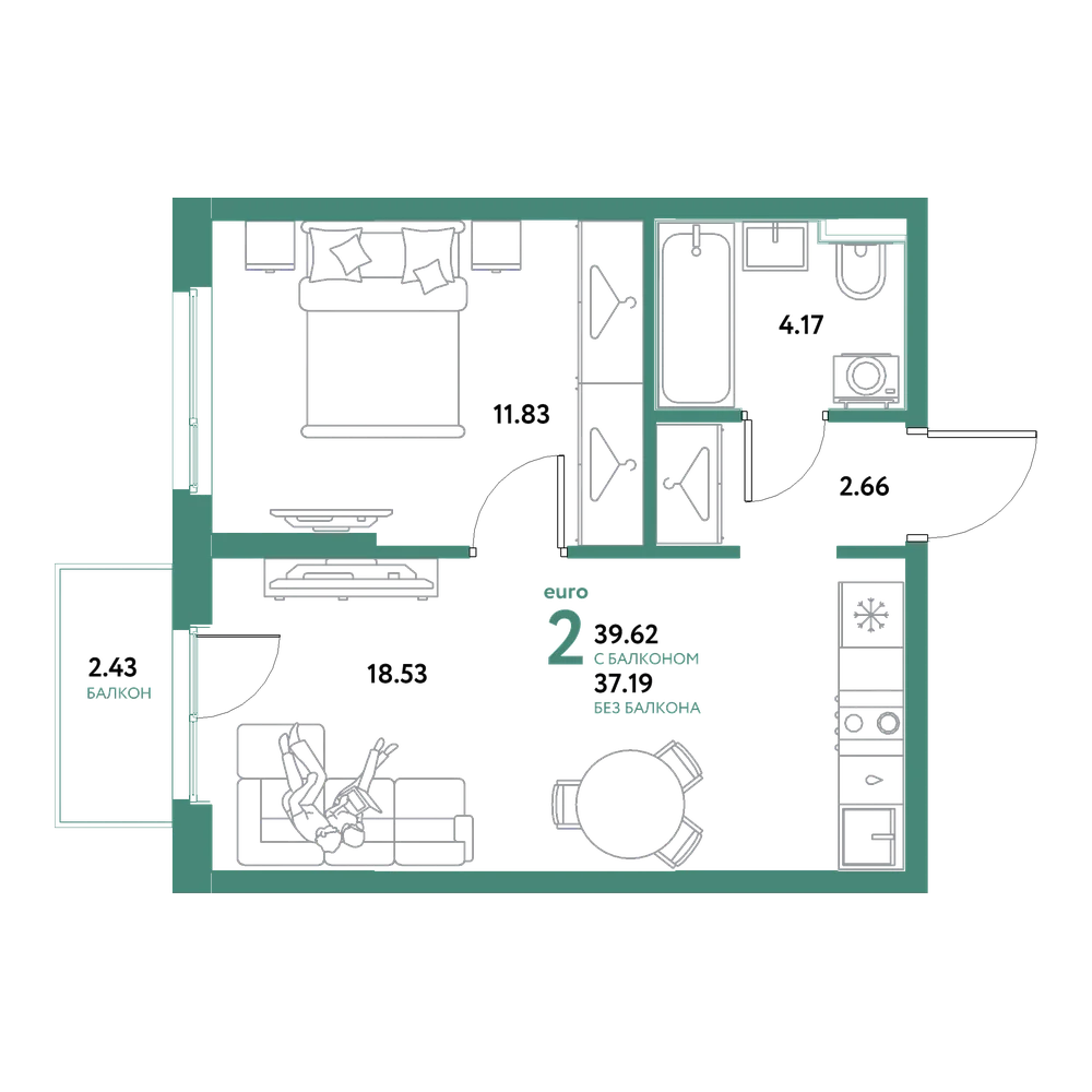 Планировка: Евродвушка 39,62 м²