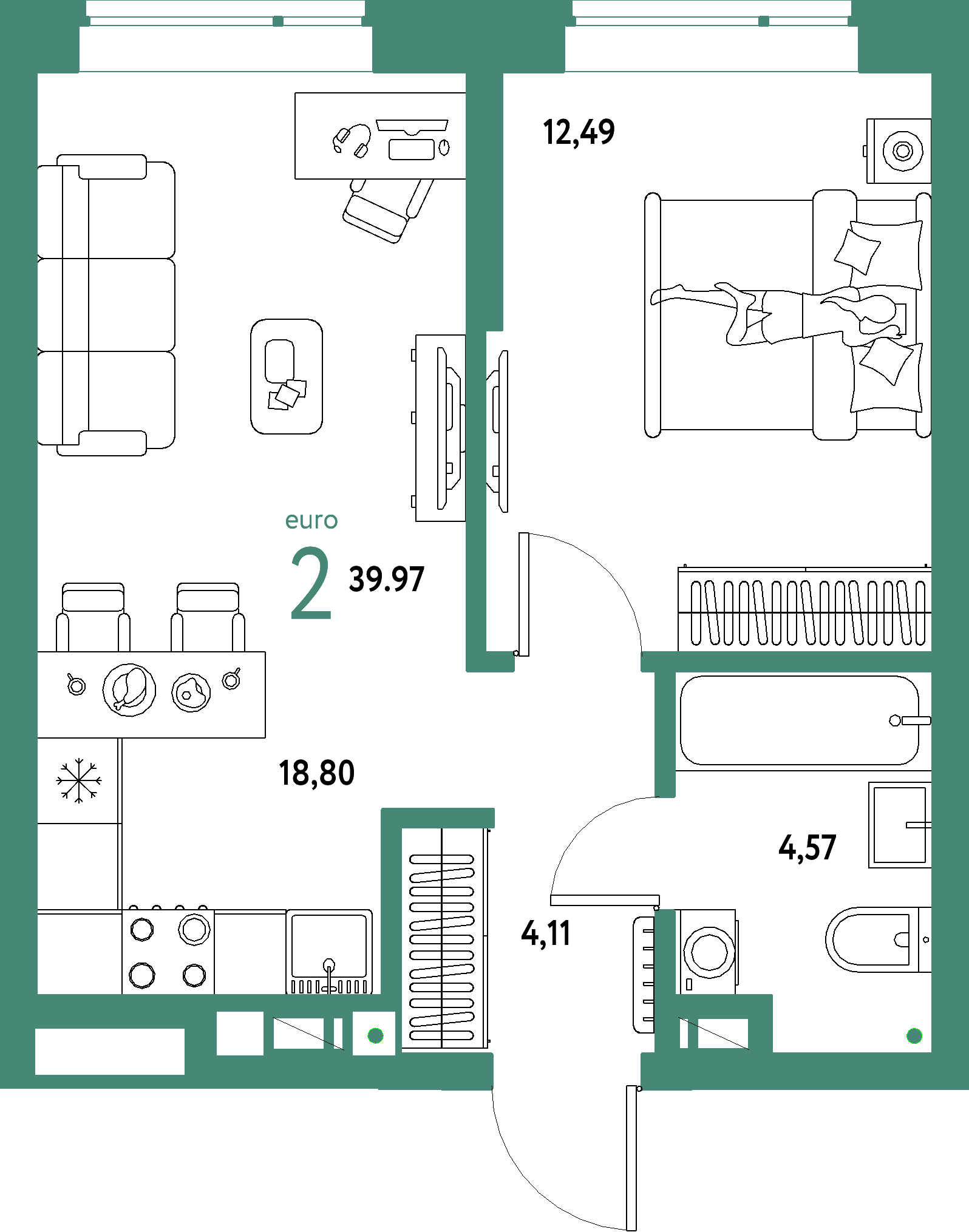 Планировка: Евродвушка 39,97 м² в ЖК «Авторский»