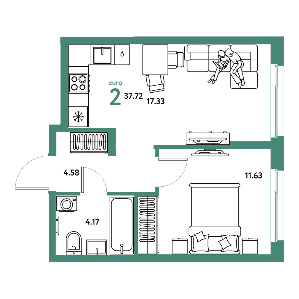 Планировка: Евродвушка 37,72 м²