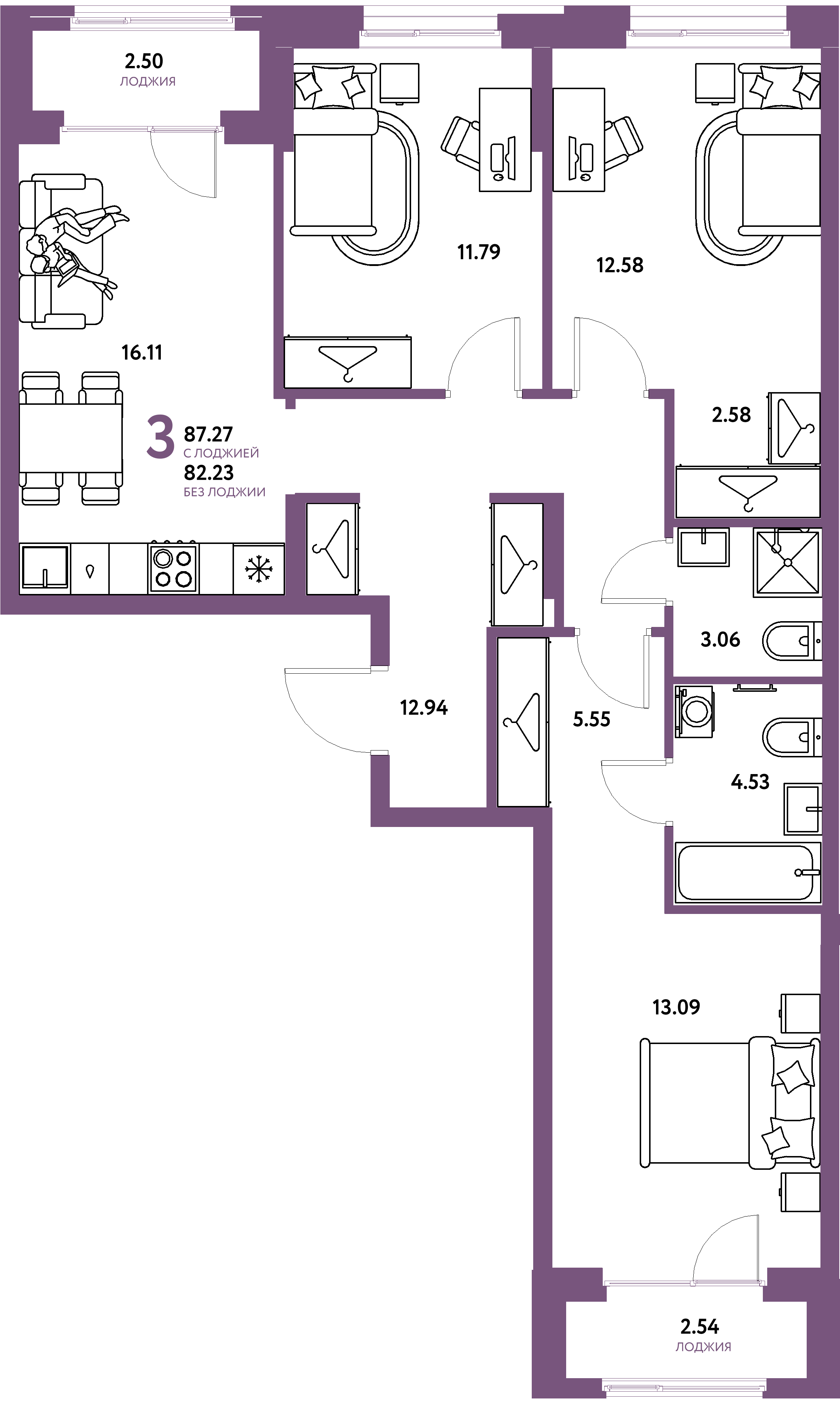Планировка: 3-комнатная 87,27 м² в ЖК «Европейский берег 2.0»