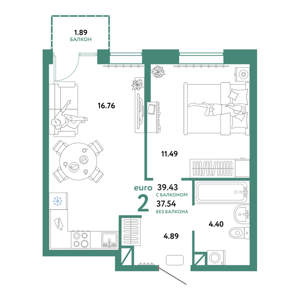 Планировка: Евродвушка 39,43 м²