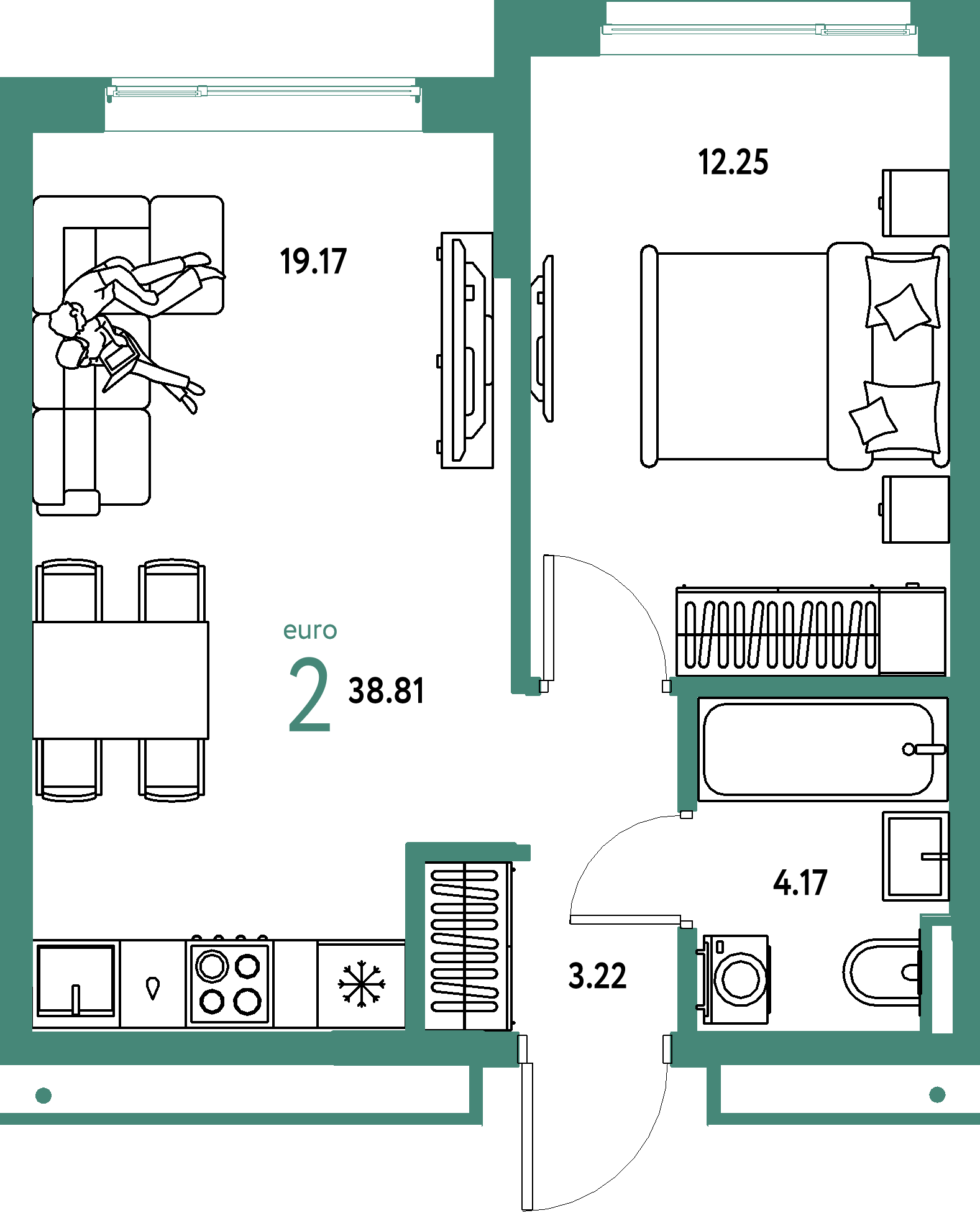 Планировка: Евродвушка 38,81 м² в ЖК «Страна.Прибрежная»