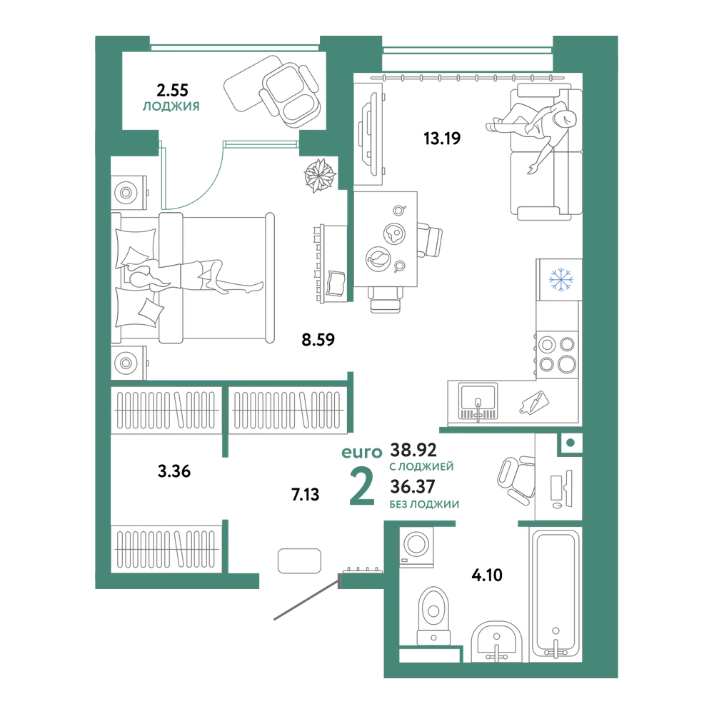 Планировка: Евродвушка 38,92 м²