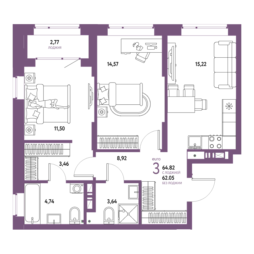 Планировка: Евротрёшка 64,82 м²