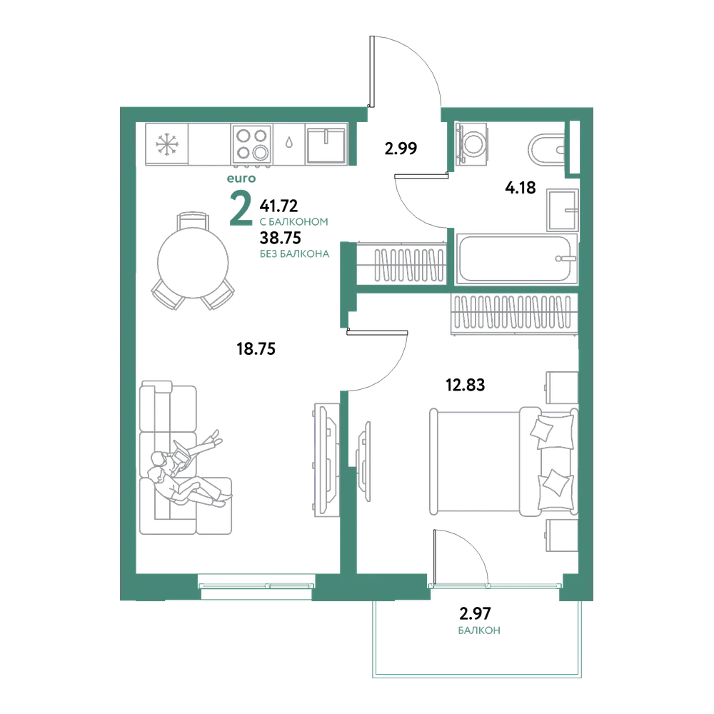 Планировка: Евродвушка 41,72 м²