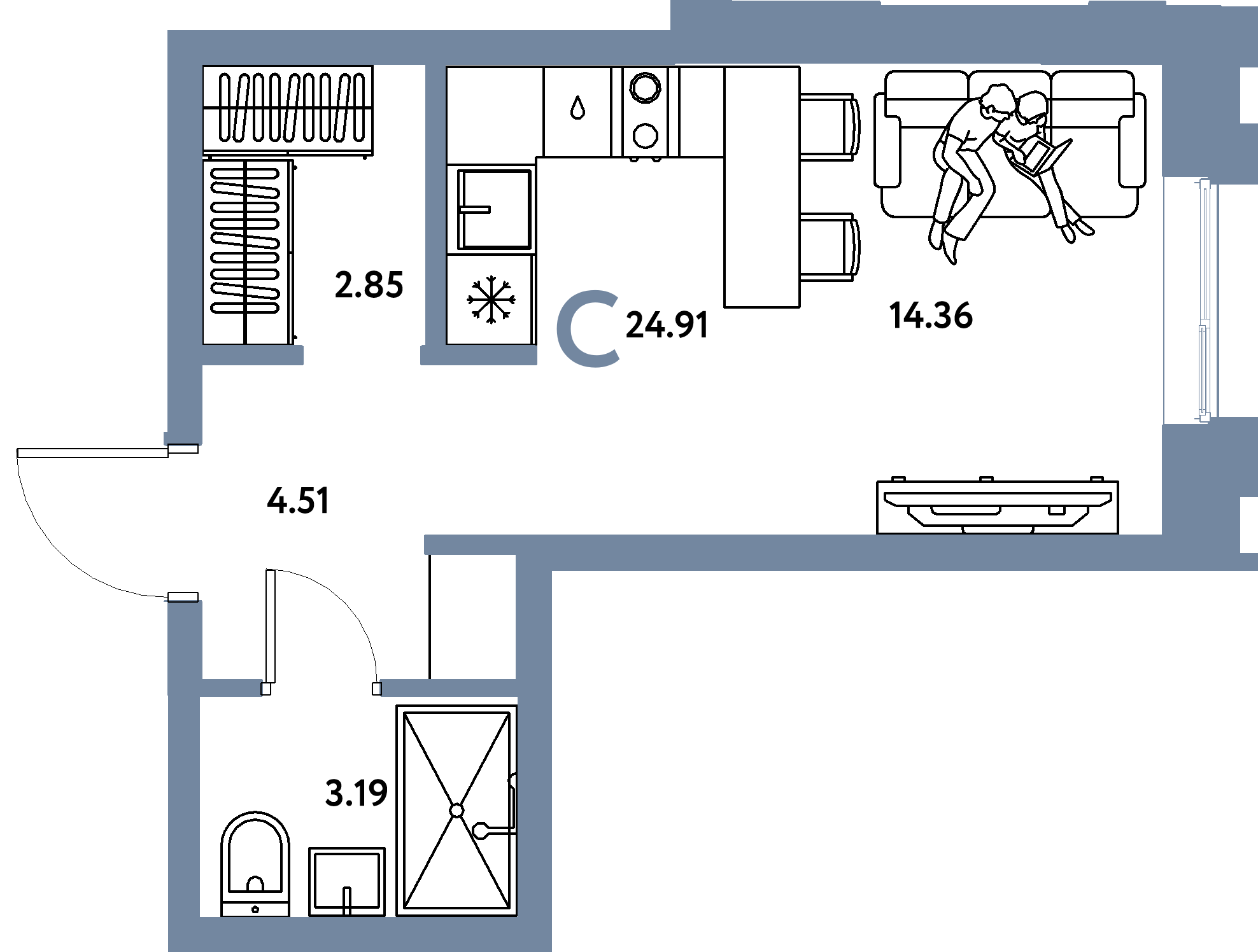 Планировка: Студия 24,91 м² в ЖК «Европейский берег 2.0»