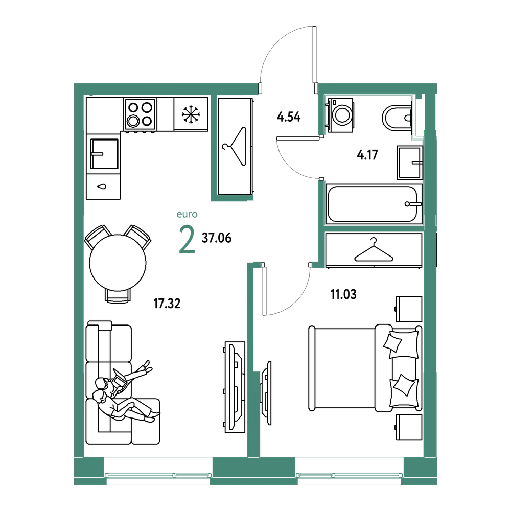 Планировка: Евродвушка 37,06 м²