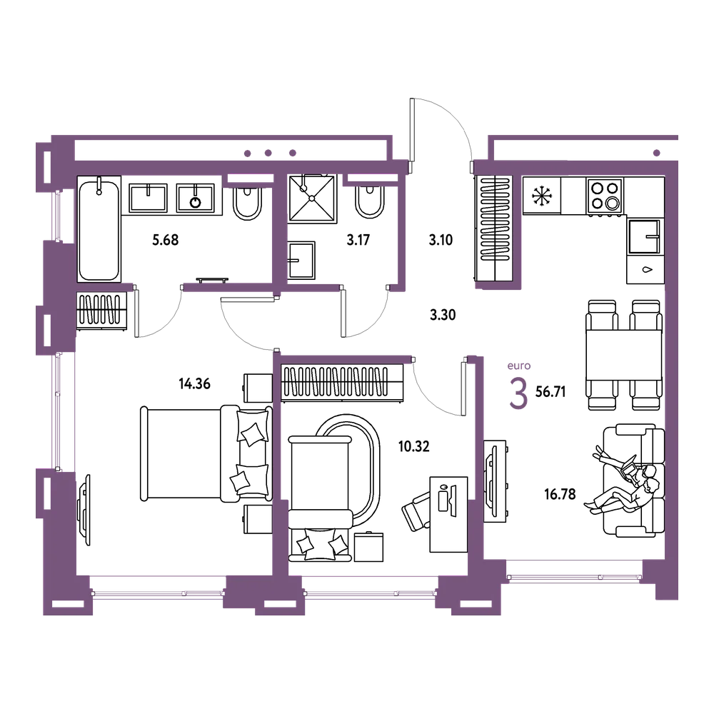Планировка: Евротрёшка 56,71 м²