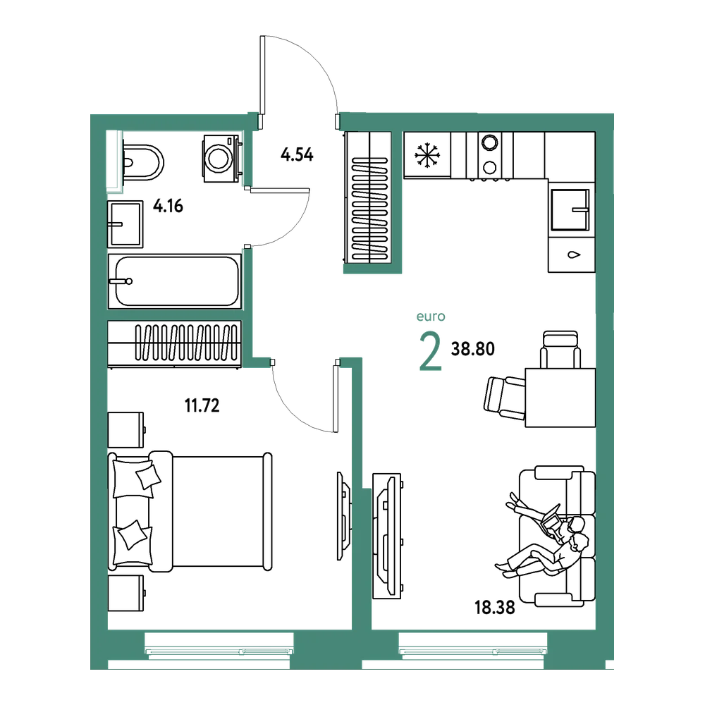 Планировка: Евродвушка 38,8 м²