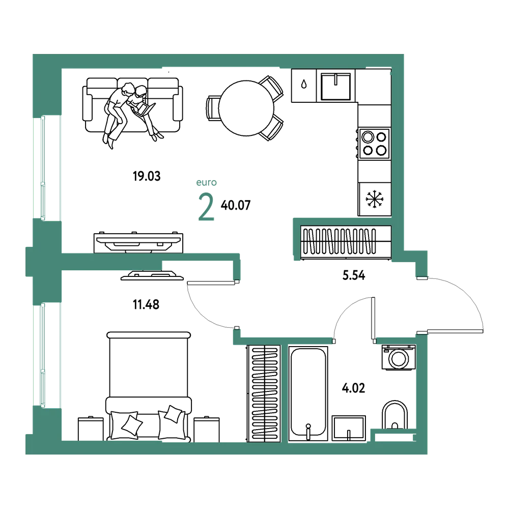 Планировка: Евродвушка 40,07 м²