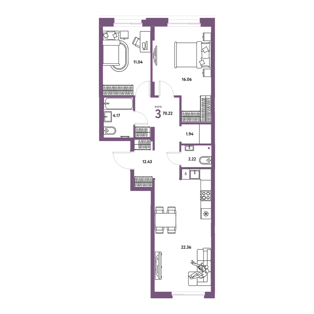 Планировка: Евротрёшка 70,22 м²