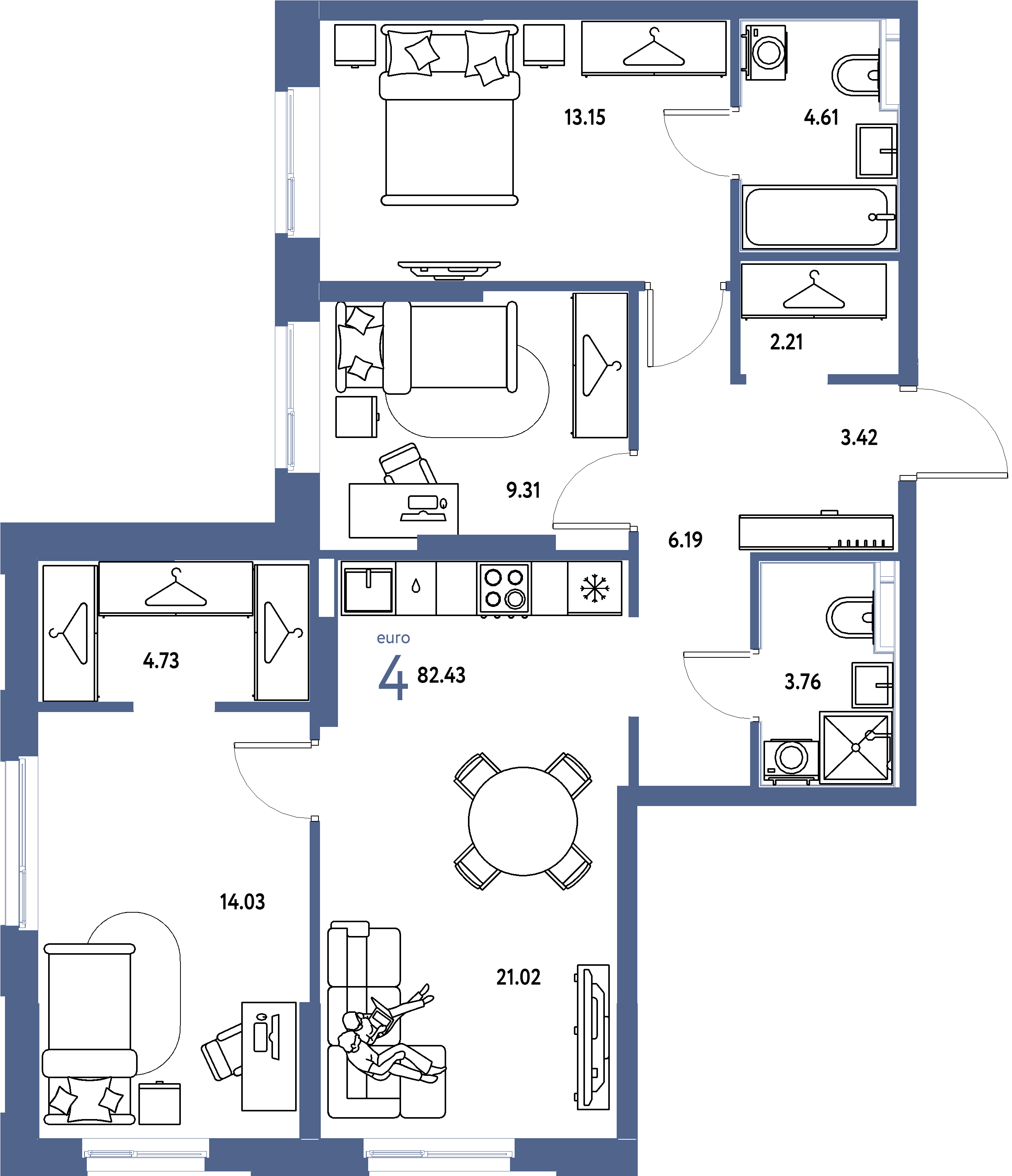 Планировка: Евро-4 82,43 м² в ЖК «Европейский берег 2.0»