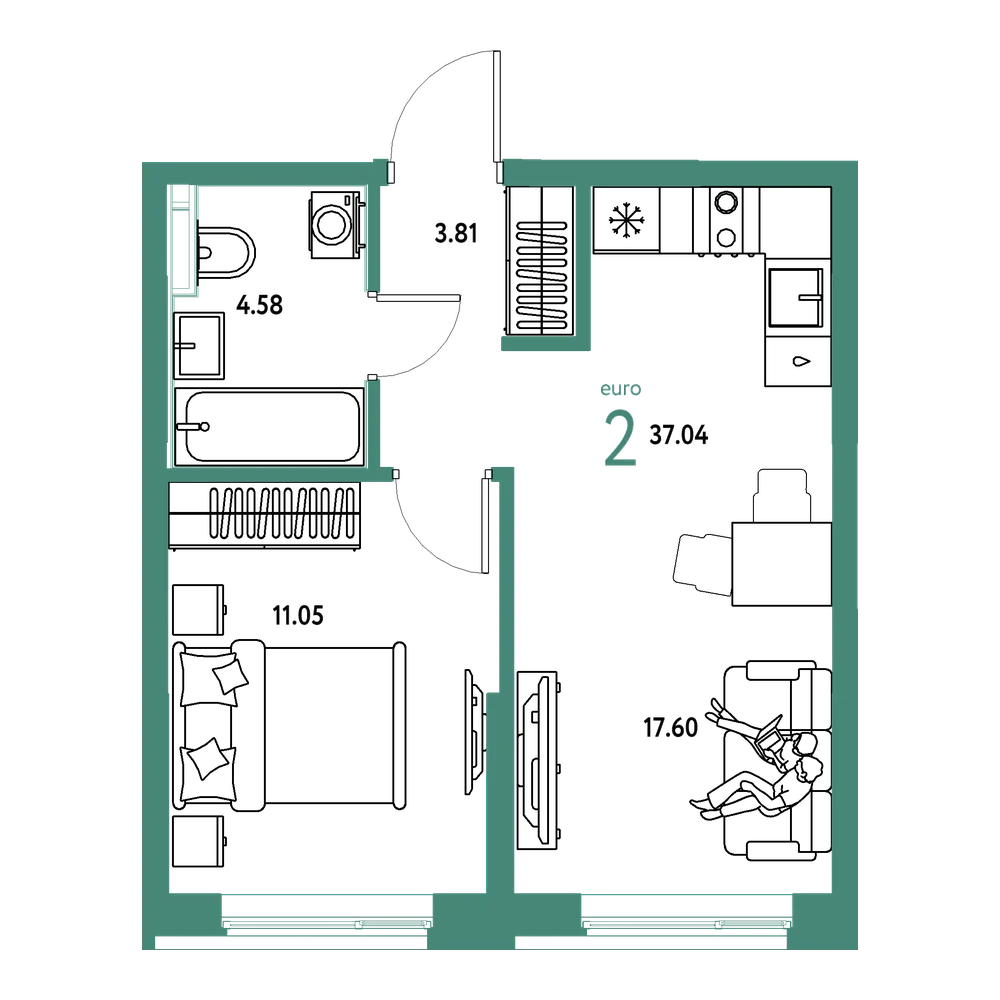 Планировка: Евродвушка 37,04 м²