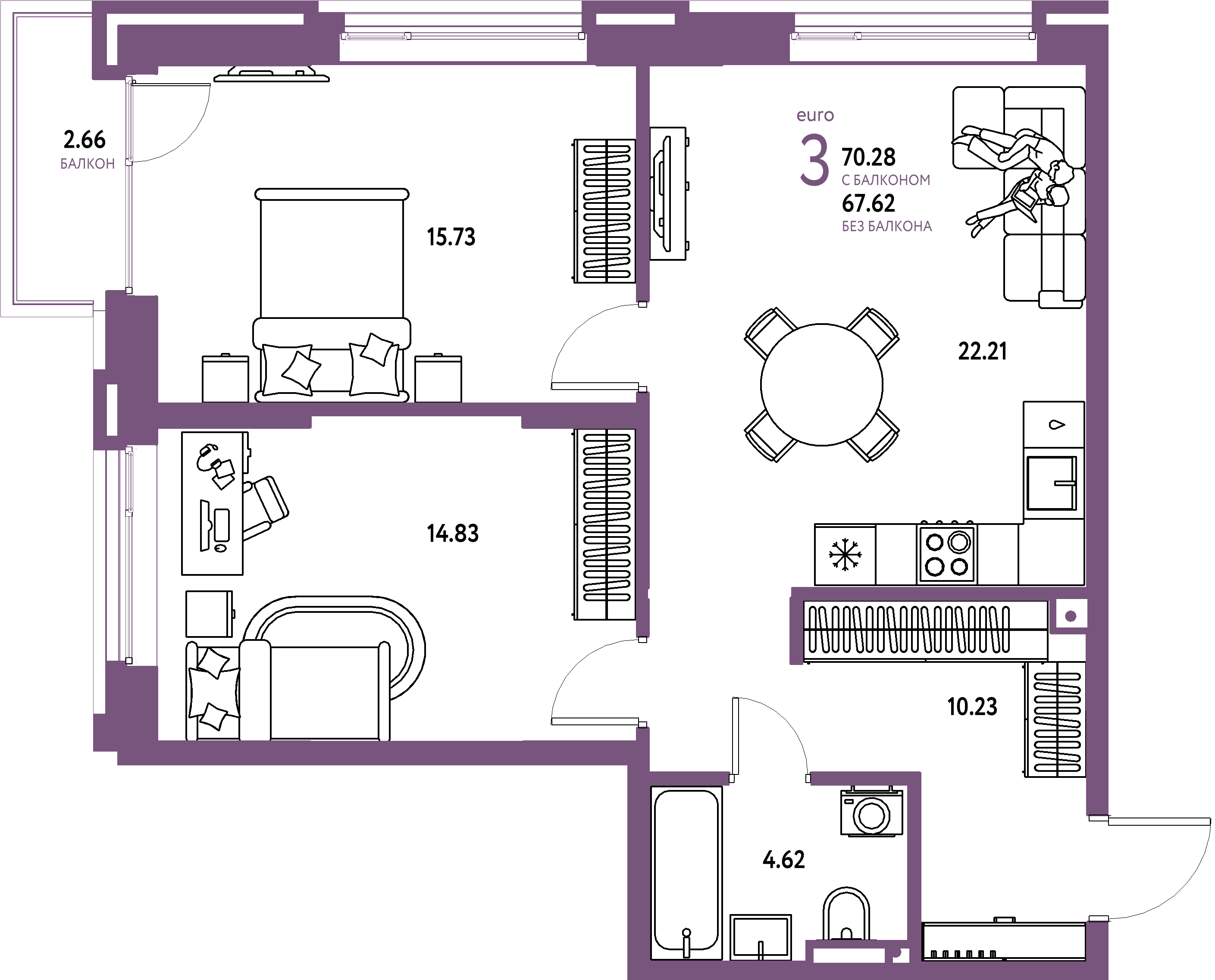 Планировка: Евротрёшка 70,28 м² в ЖК «Страна.Прибрежная»