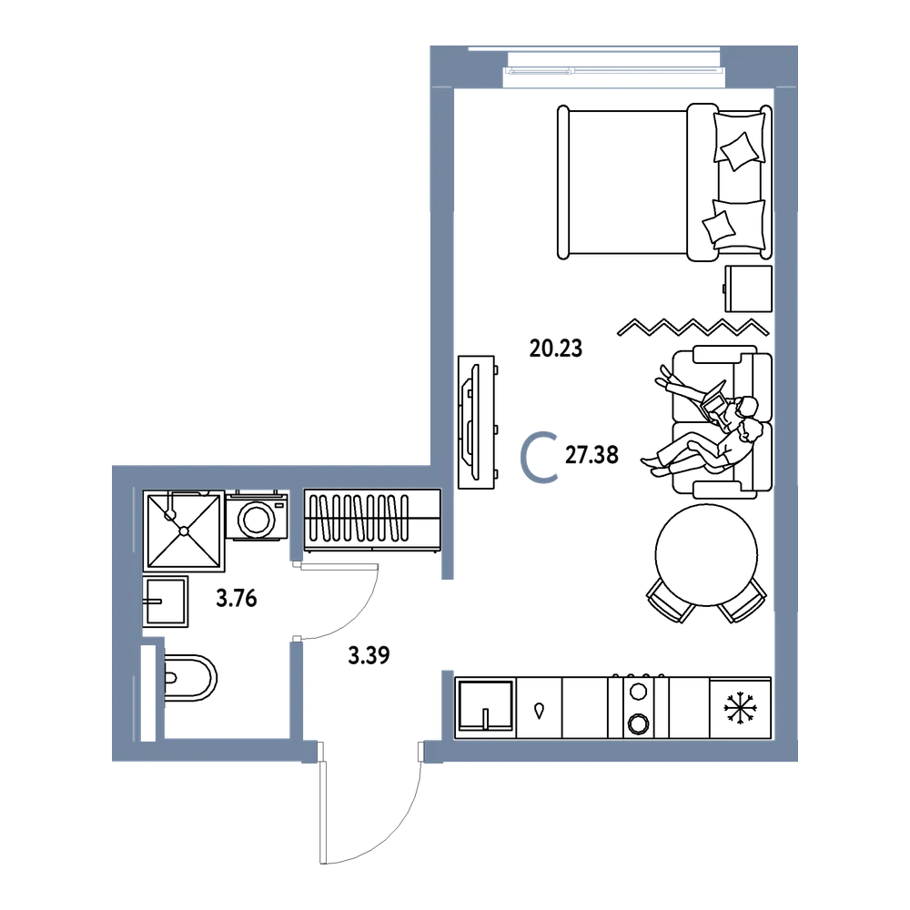 Планировка: Студия 27,38 м²