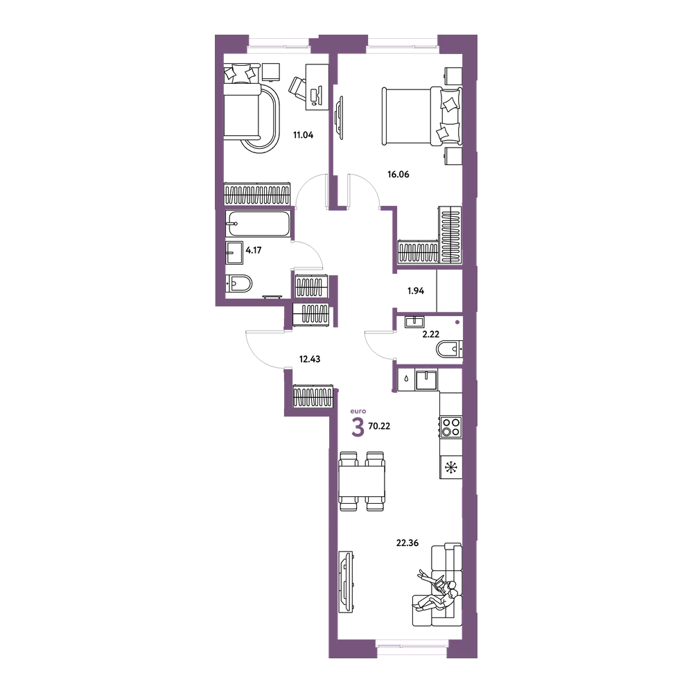 Планировка: Евротрёшка 70,22 м²