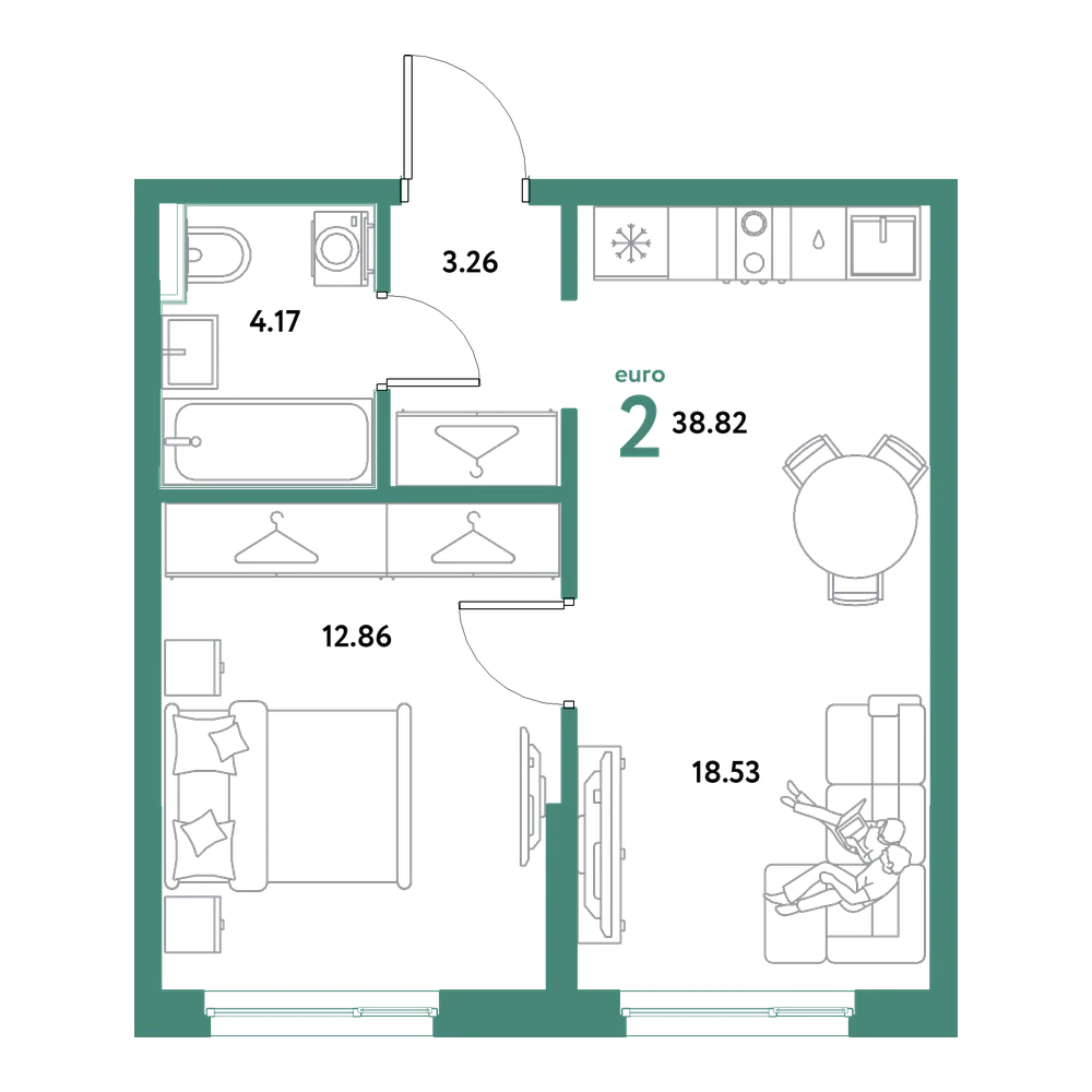 Планировка: Евродвушка 38,82 м²