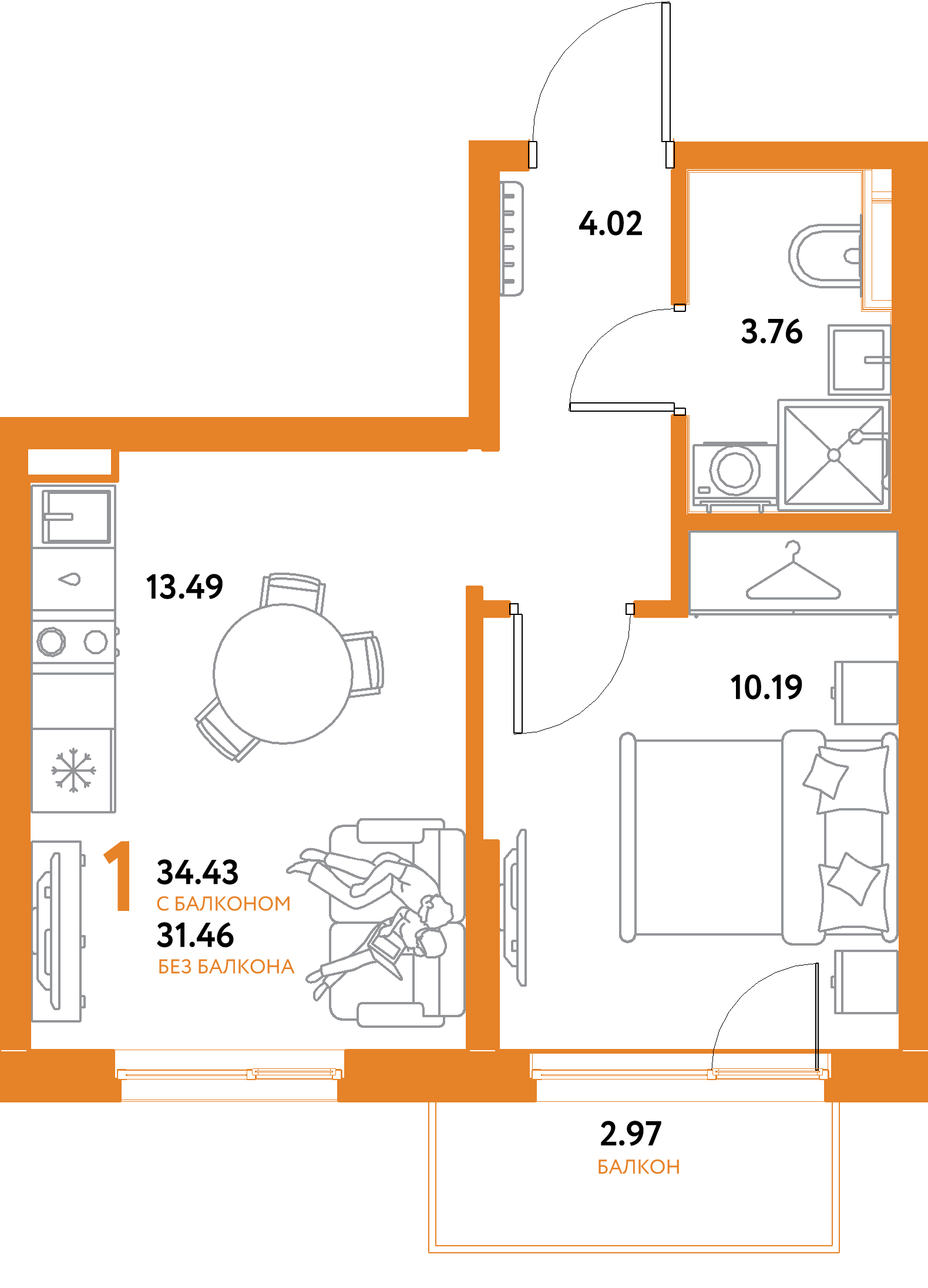 Планировка: 1-комнатная 34,43 м² в ЖК «Остров-сад»