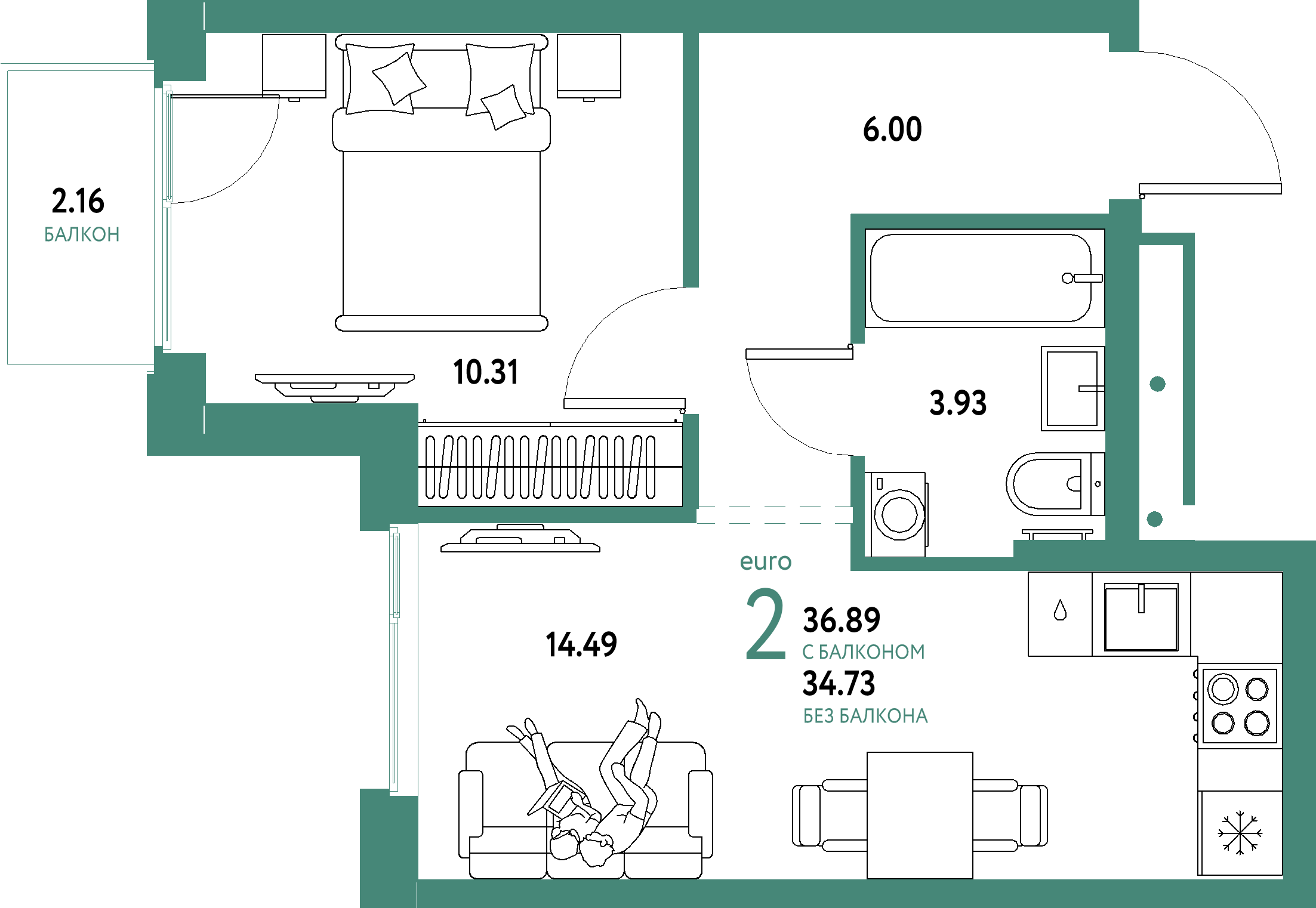 Планировка: Евродвушка 36,89 м² в ЖК «Домашний»