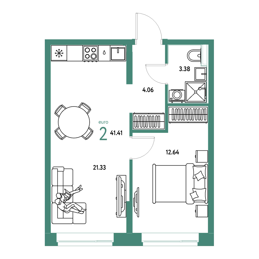 Планировка: Евродвушка 41,41 м²