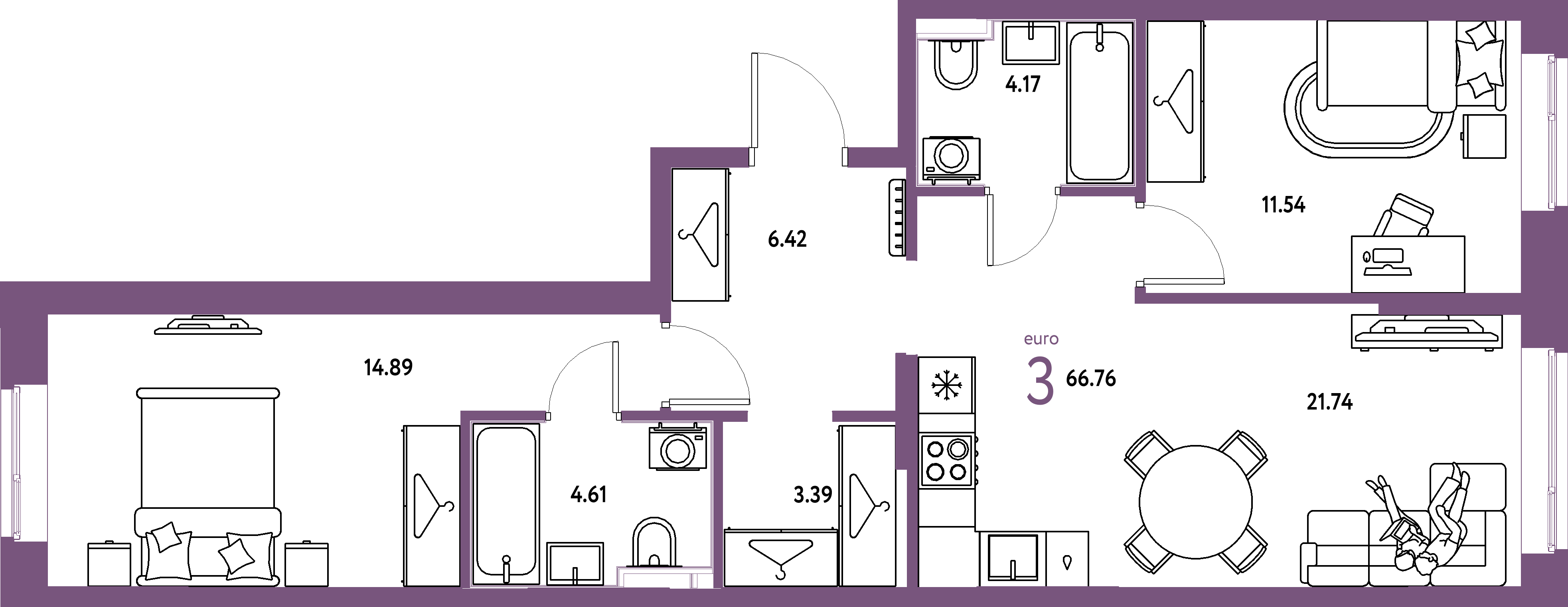 Планировка: 3-комнатная 66,76 м² в ЖК «Европейский берег 2.0»