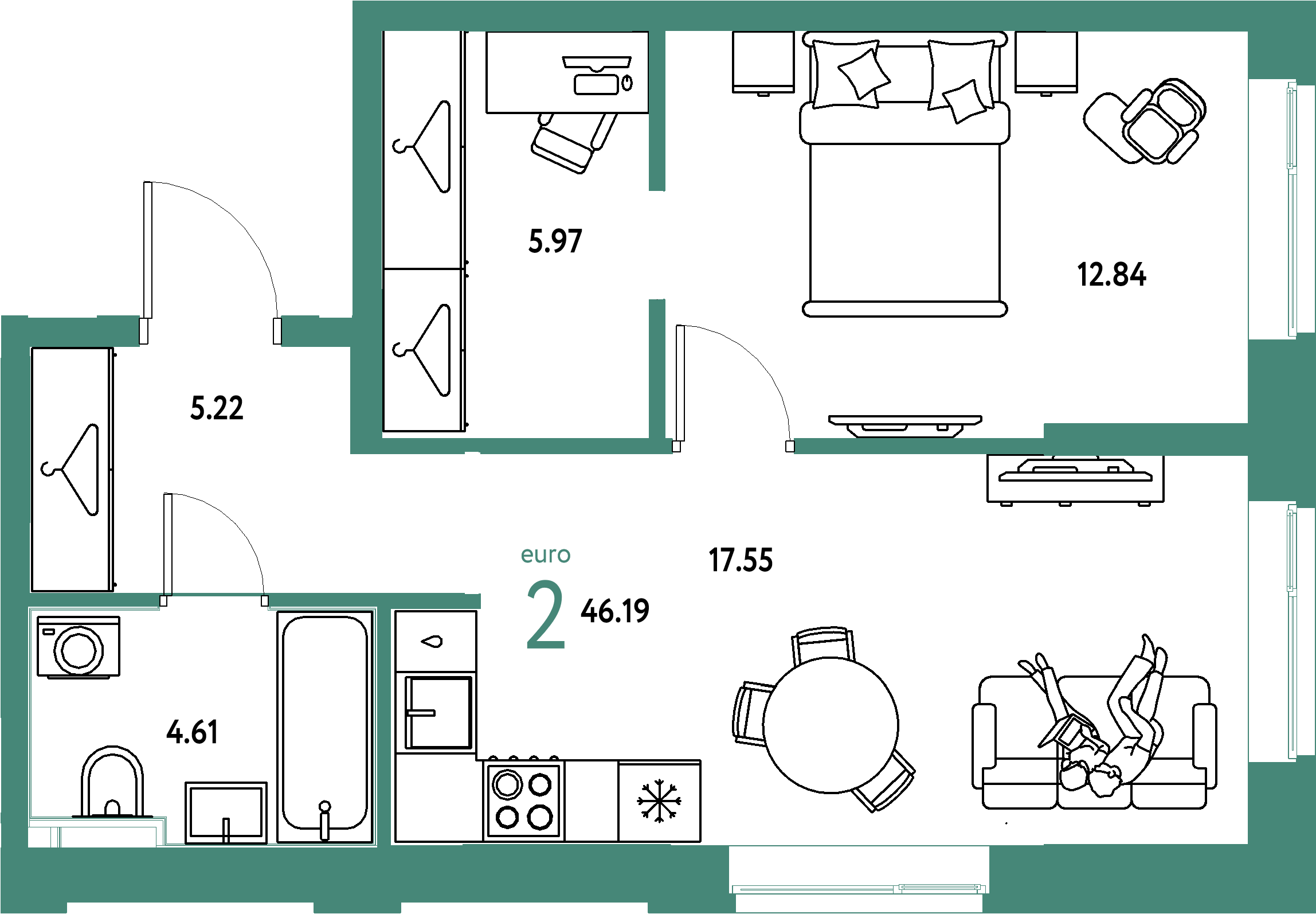 Планировка: Евродвушка 46,19 м² в ЖК «Европейский берег 2.0»