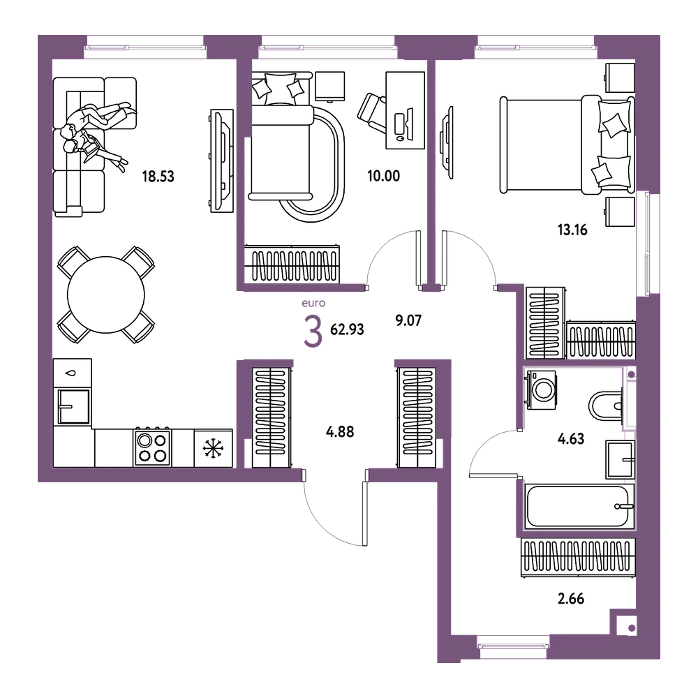Планировка: Евротрёшка 62,93 м²