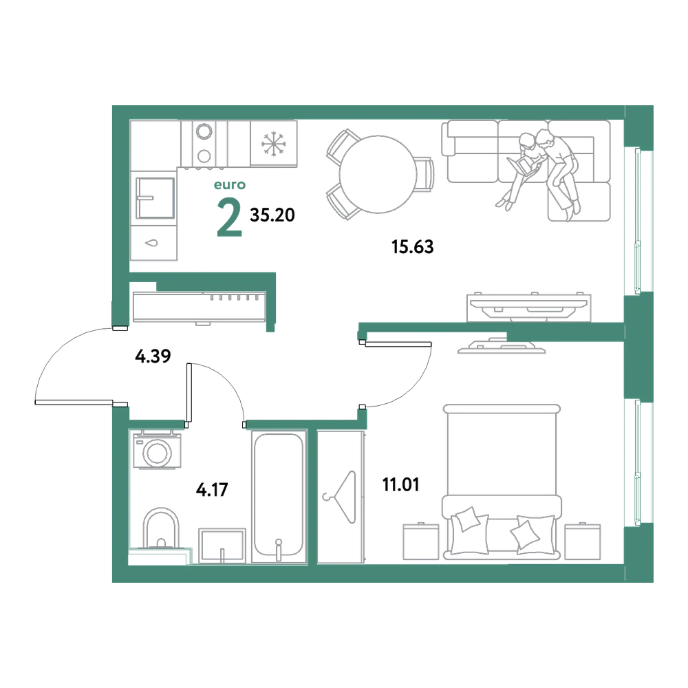 Планировка: Евродвушка 35,2 м²
