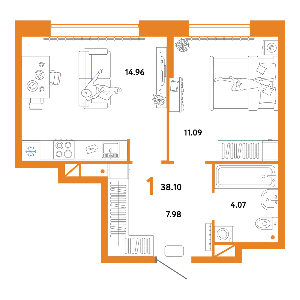 Планировка: 1-комнатная 38,1 м²