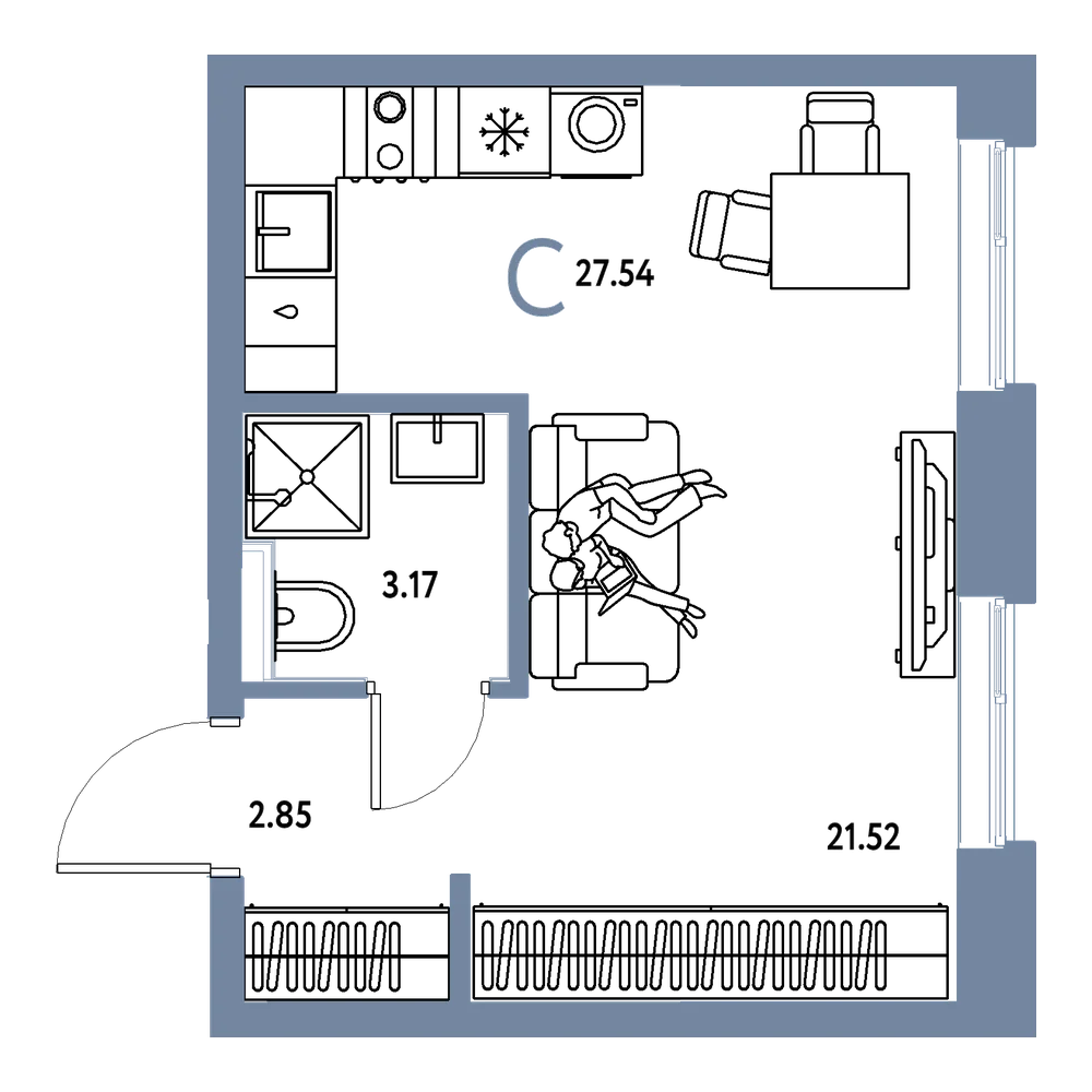 Планировка: Студия 27,54 м²
