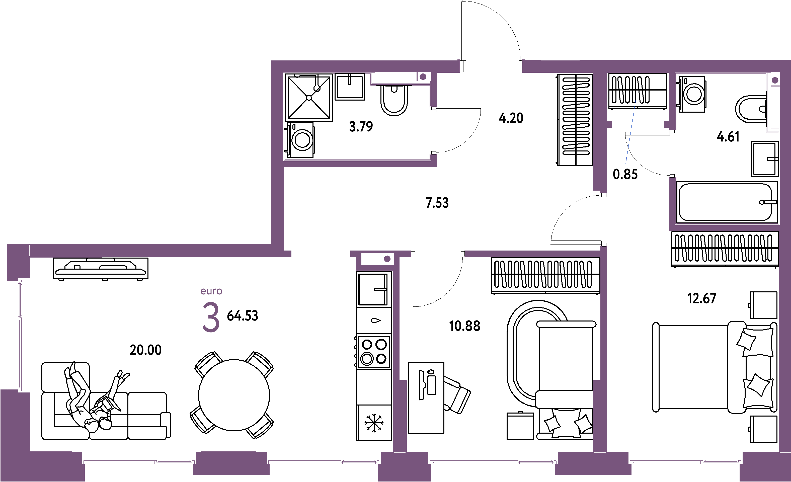 Планировка: Евротрёшка 64,64 м² в ЖК «Домашний»