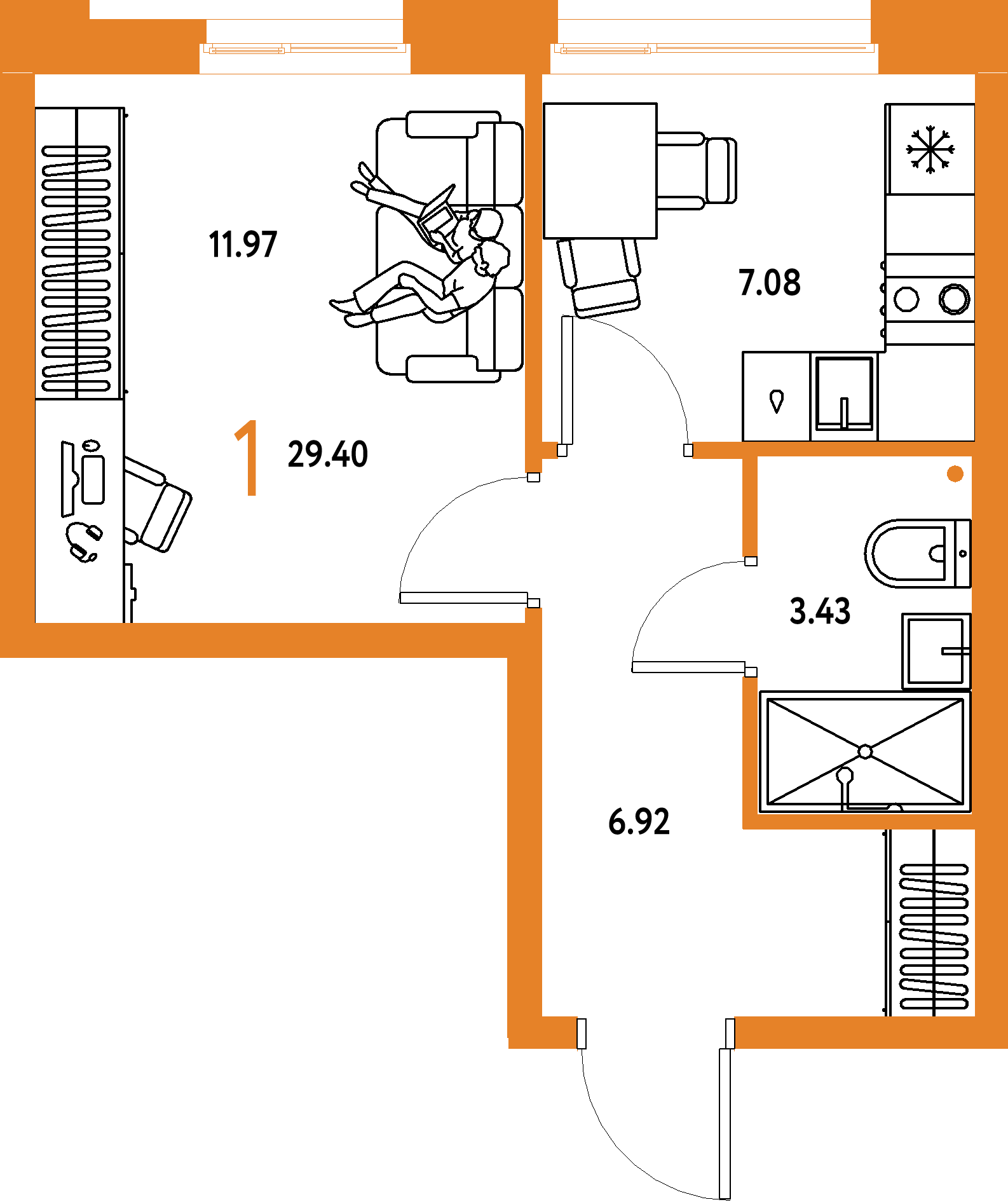 Планировка: 1-комнатная 29,4 м² в ЖК «Домашний»