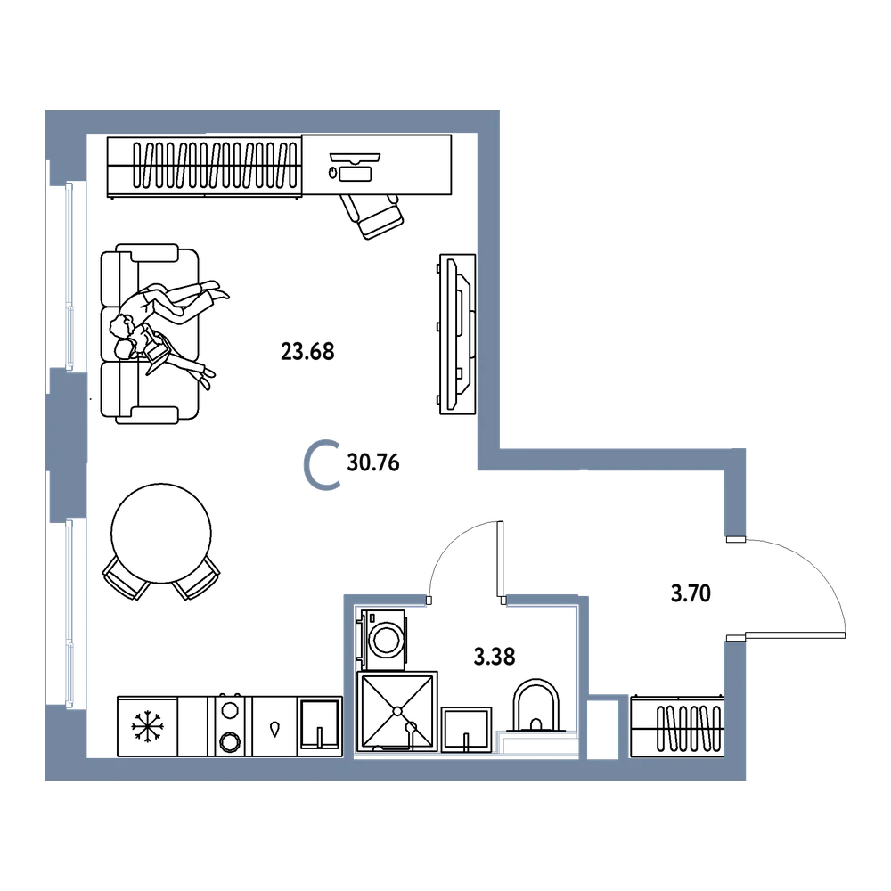 Планировка: Студия 30,76 м²