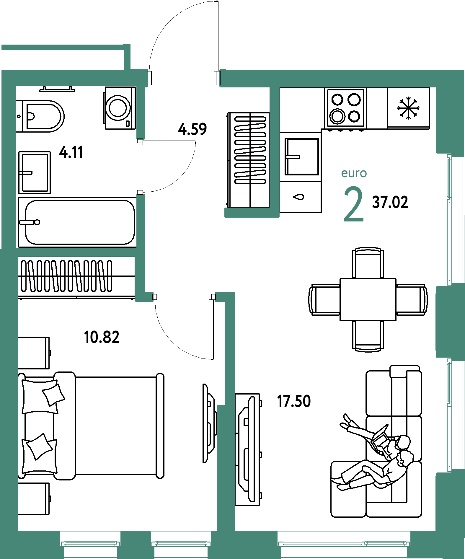 Планировка: Евродвушка 37,02 м² в ЖК «Домашний»