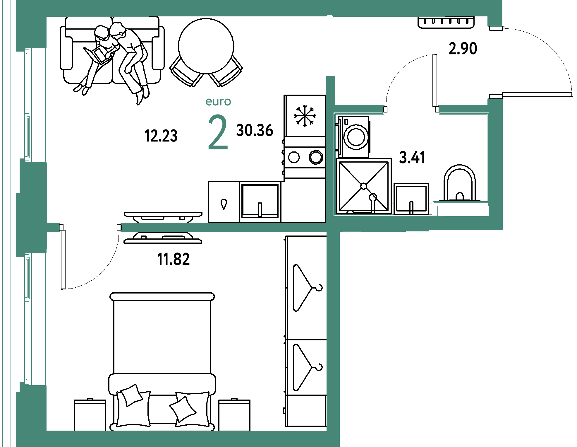 Планировка: Евродвушка 30,36 м² в ЖК «Страна.Прибрежная»
