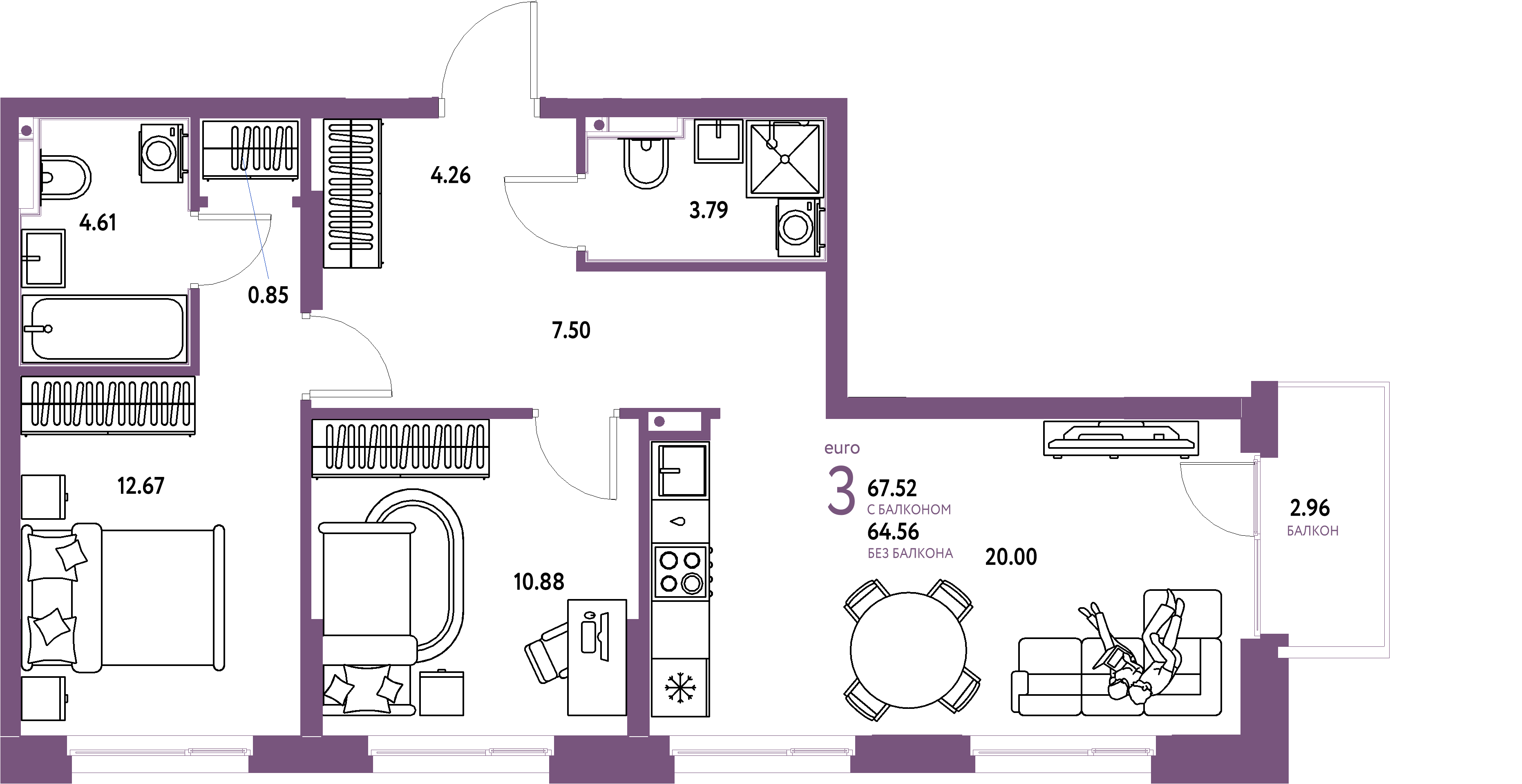 Планировка: Евротрёшка 67,24 м² в ЖК «Домашний»