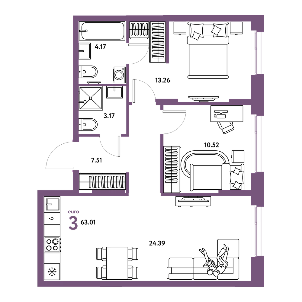 Планировка: Евротрёшка 63,01 м²