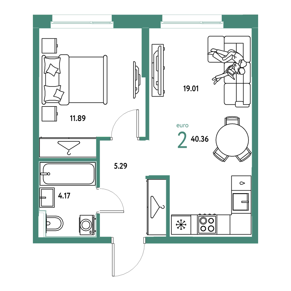 Планировка: Евродвушка 40,36 м²
