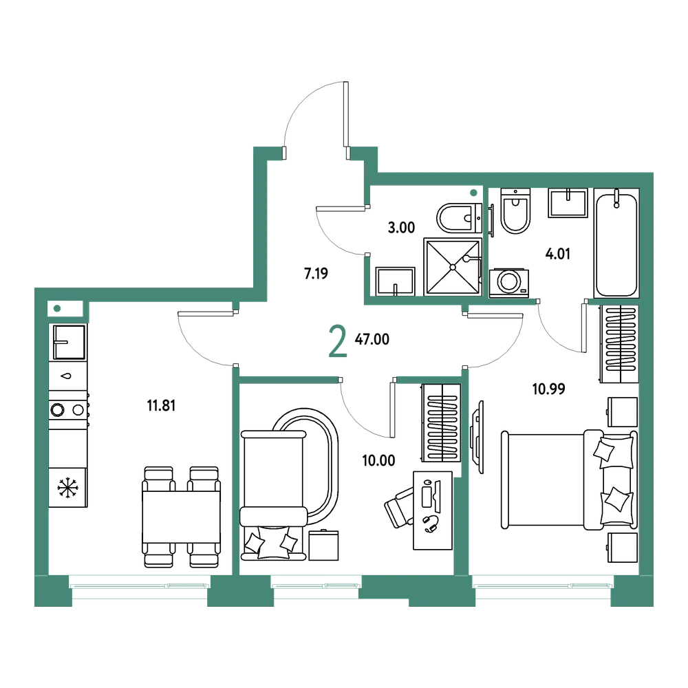Планировка: 2-комнатная 47 м²