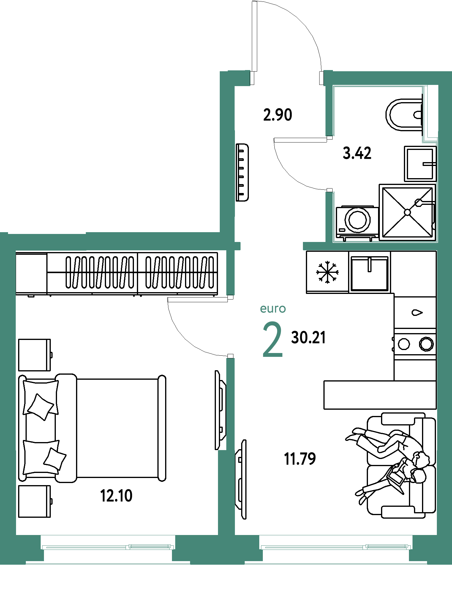 Планировка: Евродвушка 30,21 м² в ЖК «Сердце Сибири»